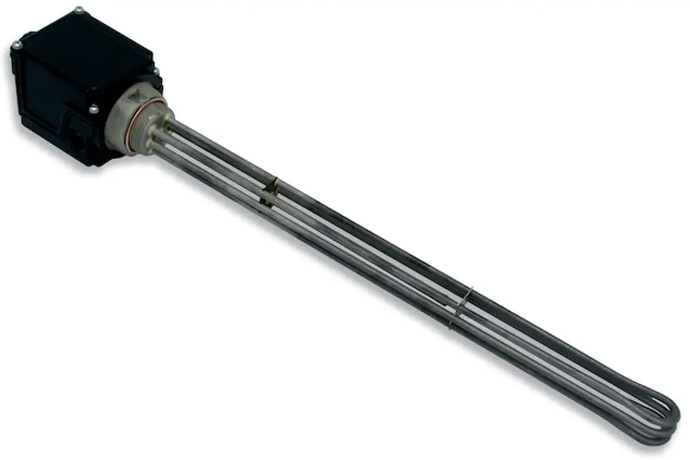 E-Heizstab von Roth mit einem länglichen Heizrohr, montiert auf einer stabilen Basis. Das Produkt ist für den Einsatz in Heizsystemen konzipiert.